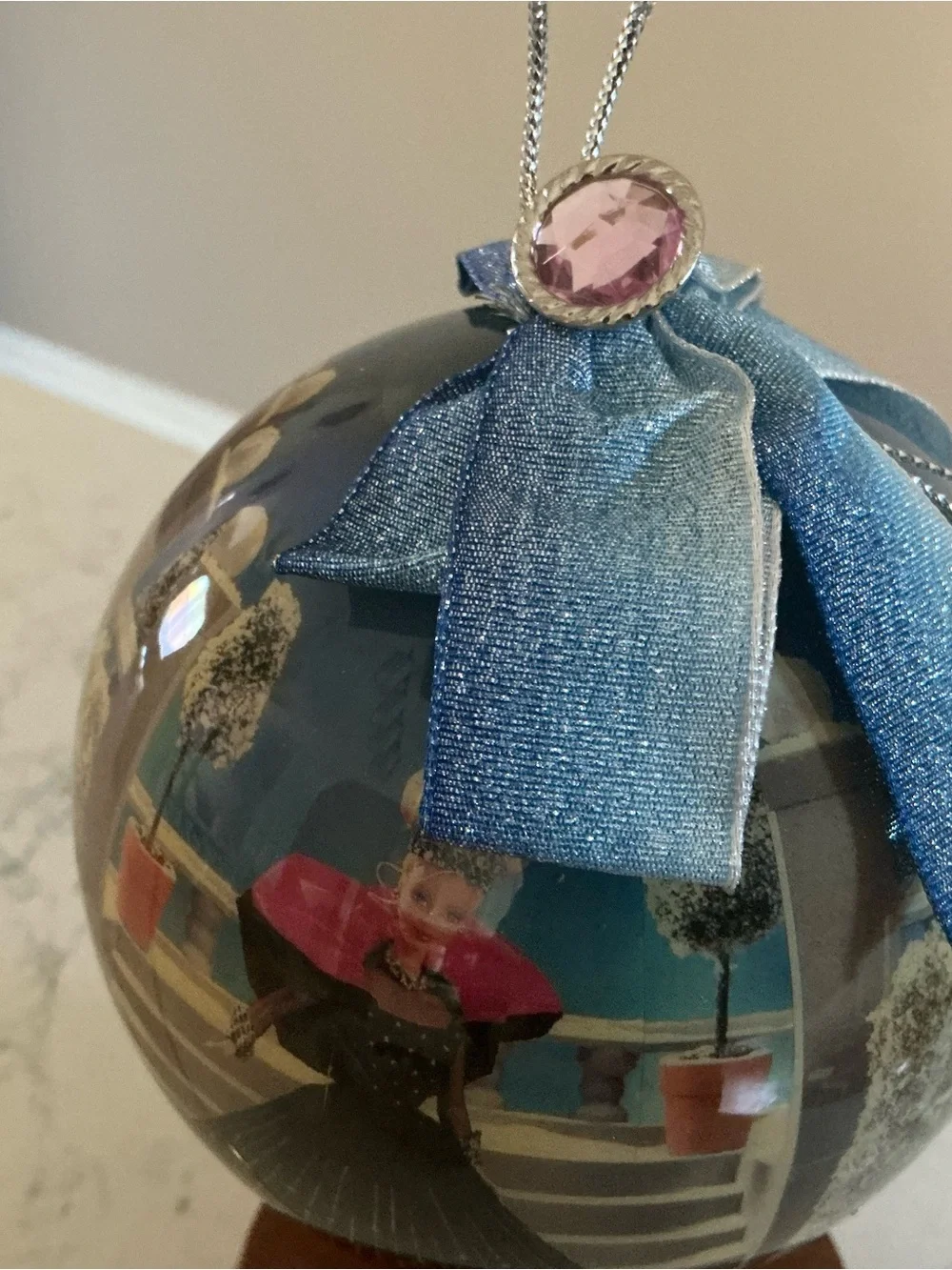 Vintage 1998 Barbie holiday Christmas decoupage ornament 4” globe wooden stand